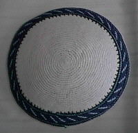 Kipah, approx. 13.5mm/5.25'' diam. knitted, white with blue, black, and/or red/maroon border